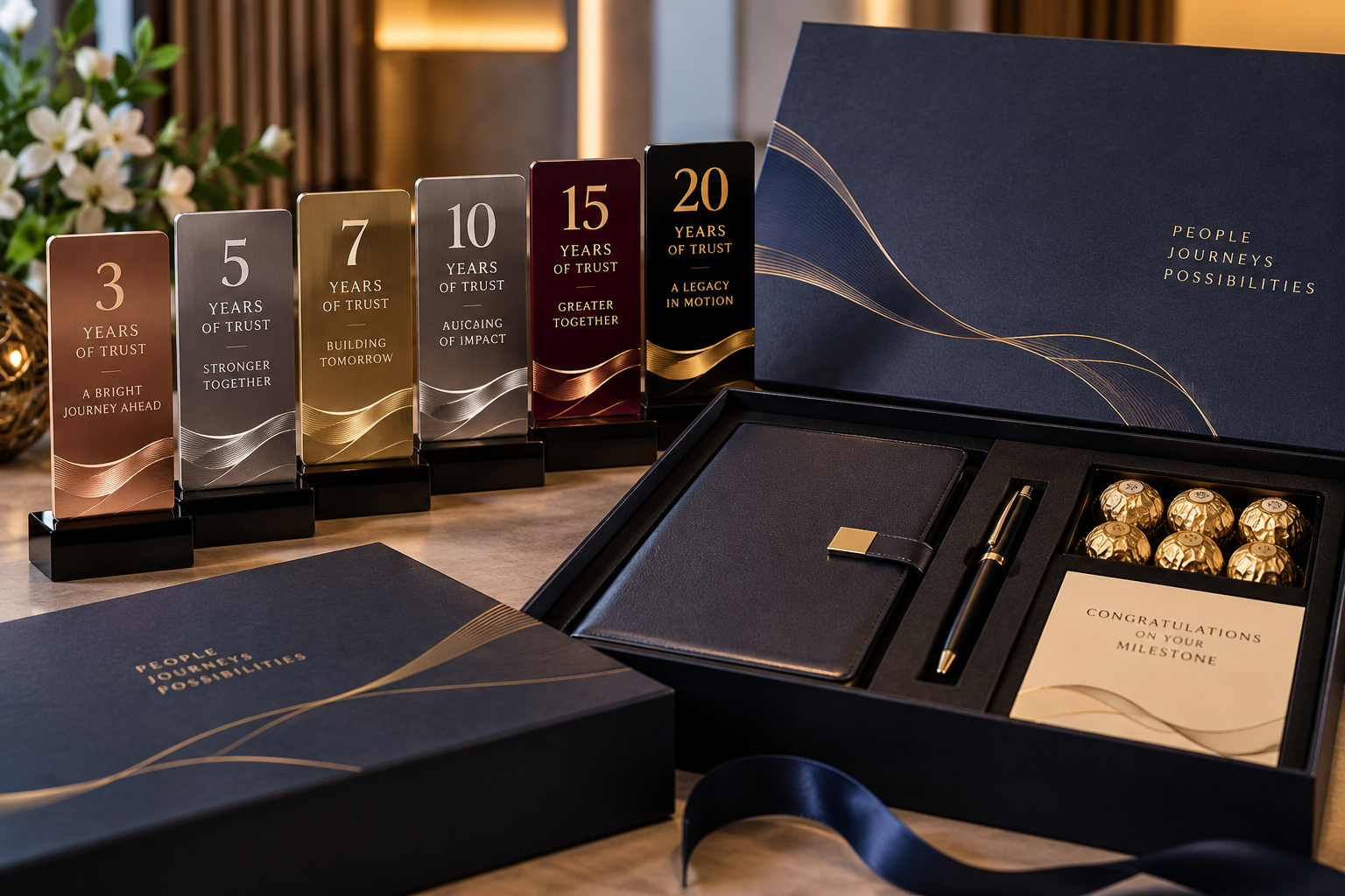 Corporate gift box with a notebook, pen, chocolates and milestone recognition awards