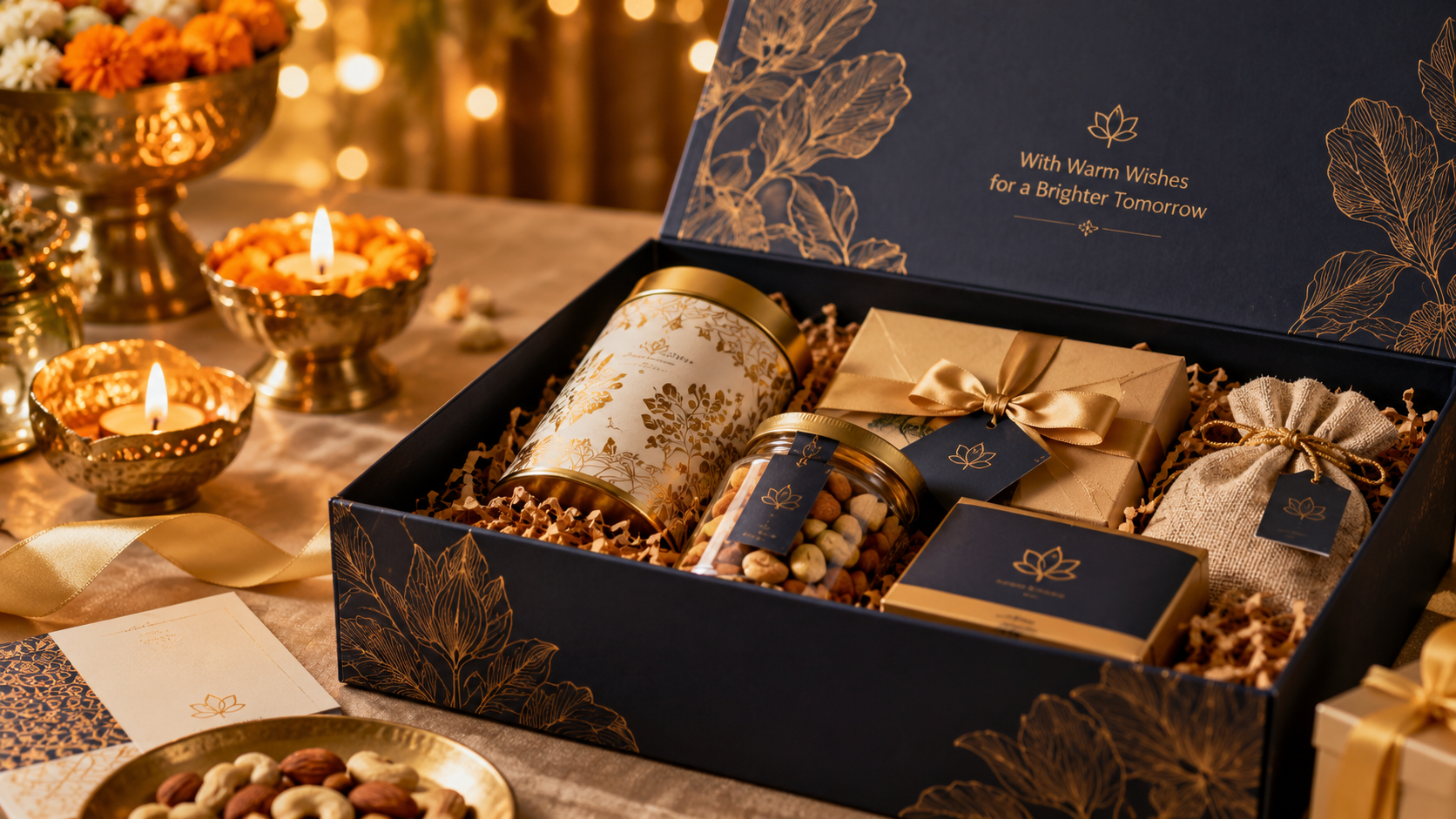 Diwali corporate gift box with festive packaging, wrapped gifts, a jar of nuts and decorative lamps